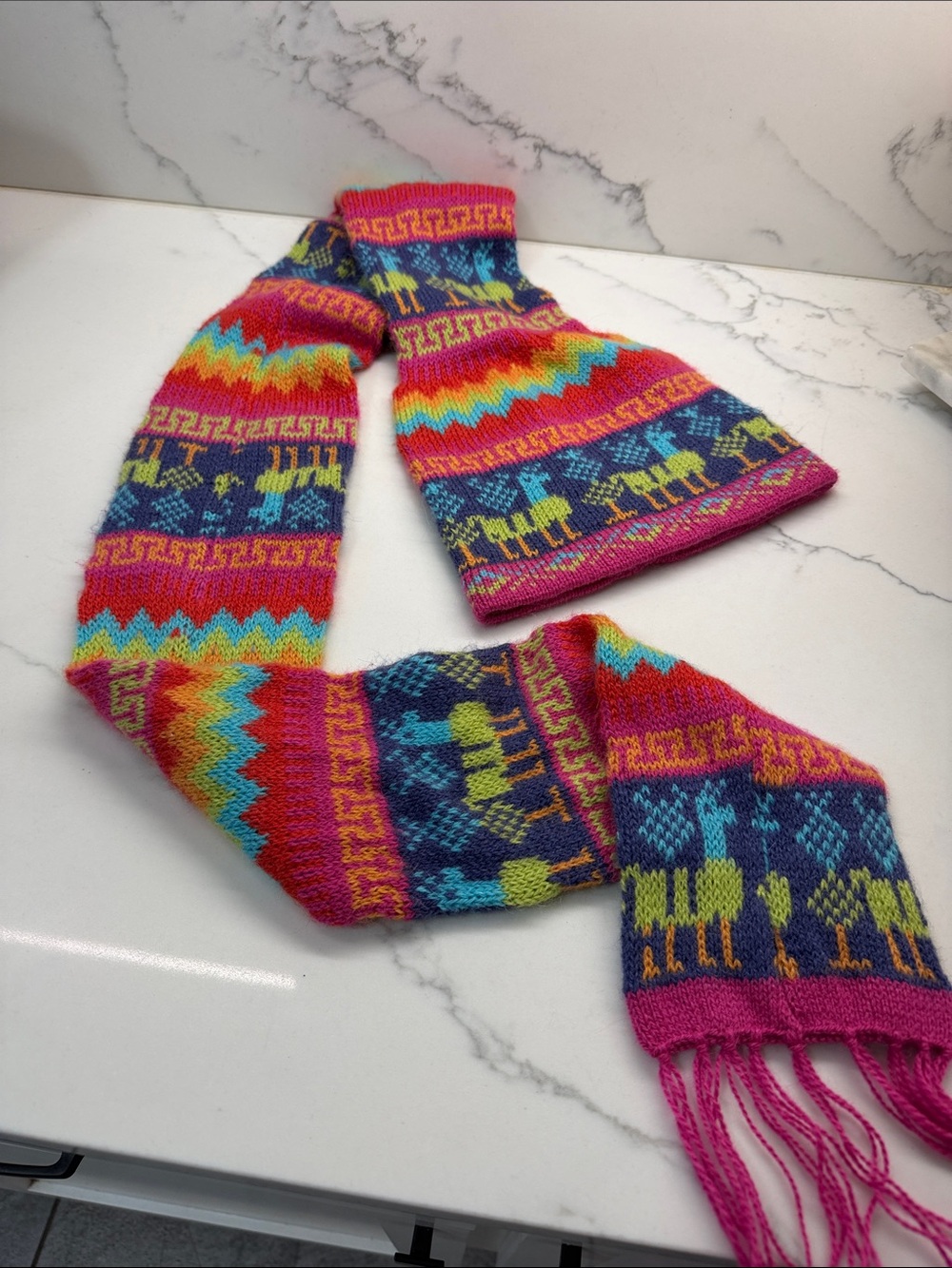 Kids Colorful Alpaca Pattern Knit Scarf - Pink Multi